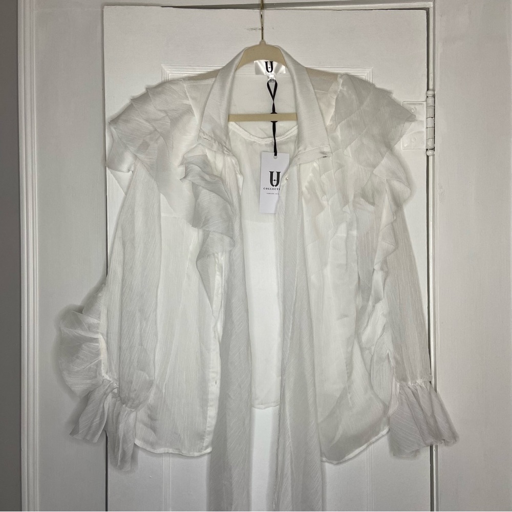 Forever Unique Organza Ruffle Trim Button Down Tie Blouse In White Size 14 - Picture 4 of 15